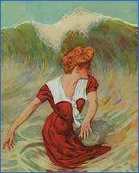 Farmgirl on the shore, chicken in tow